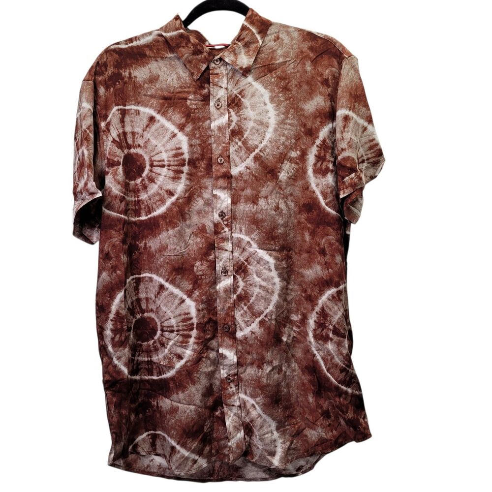 Men Linen Tie Dye Button Down Shirt Printed Short Sleeve Hawaiian Brown Medium